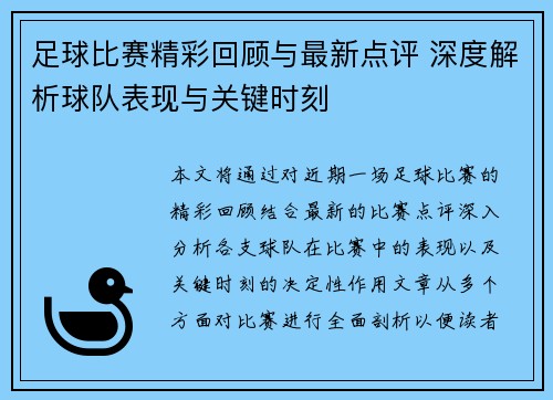 足球比赛精彩回顾与最新点评 深度解析球队表现与关键时刻